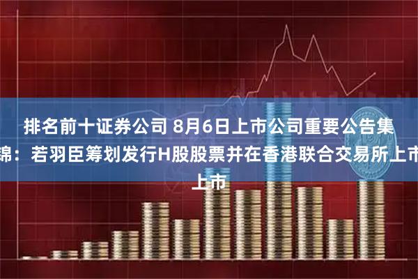 排名前十证券公司 8月6日上市公司重要公告集锦：若羽臣筹划发行H股股票并在香港联合交易所上市